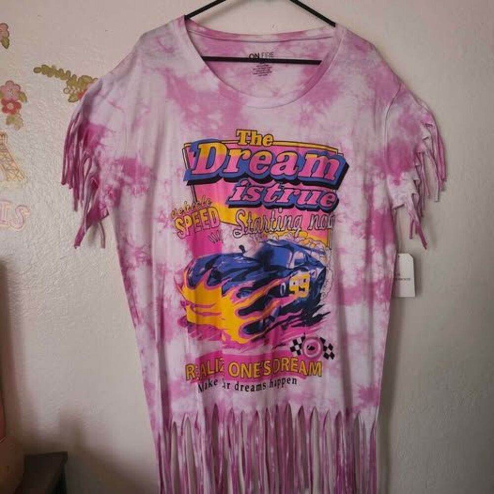 On Fire Pink Tie Dye Fringe Race Car Graphic T-Shirt 3X